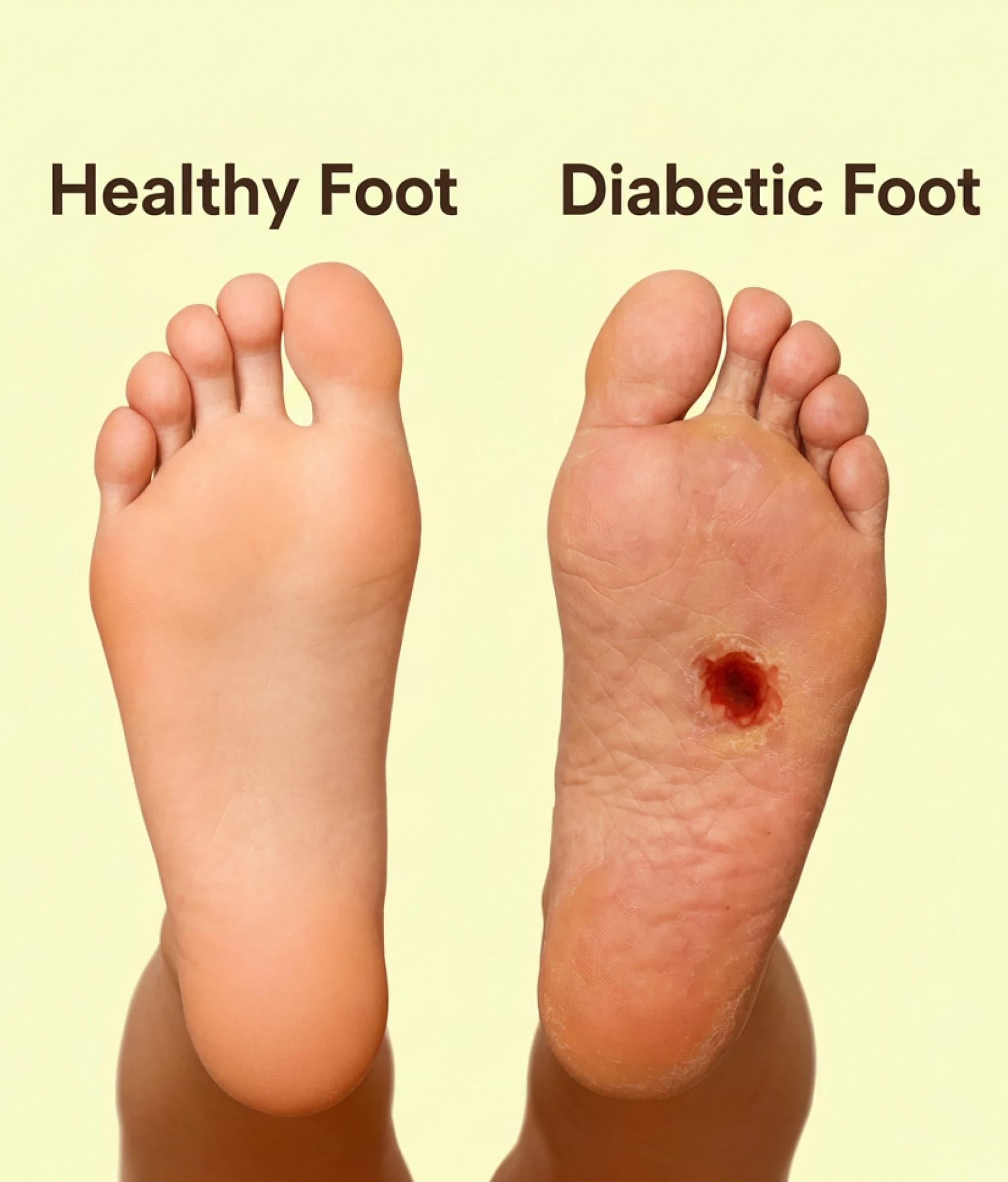 A healthy foot shown beside a diabetic foot with an ulcer