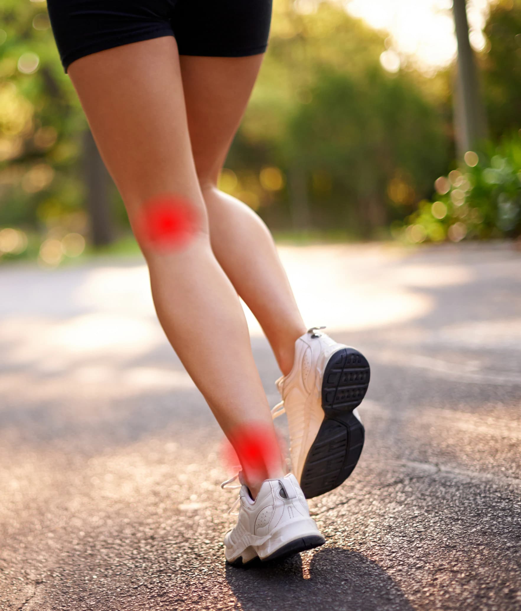 A runner's lower limb with the knee and ankle highlighted